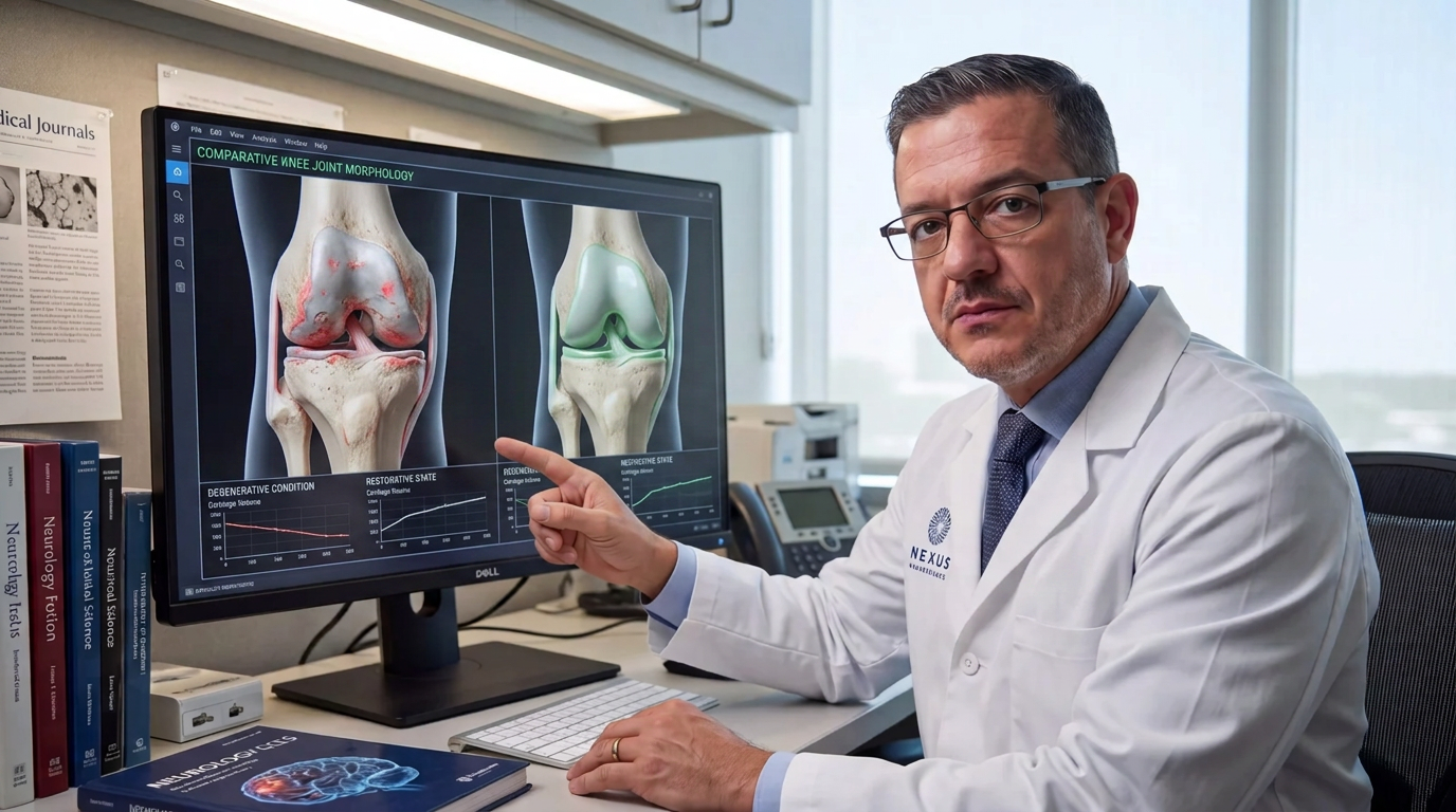 Researcher presenting damaged and healthy knee joint cartilage